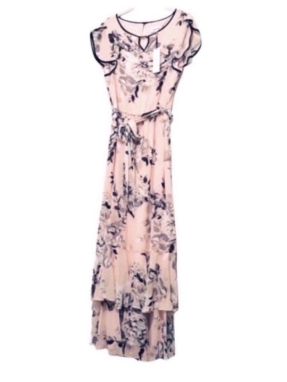 NEW Calvin Klein Chiffon Maxi Dress Split Sleeve Floral Blush Pink Black Size XS